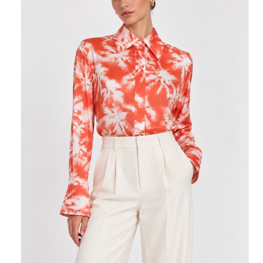 Equipment Femme Women's Small Orange Palm Print Button Front Blouse Viscose